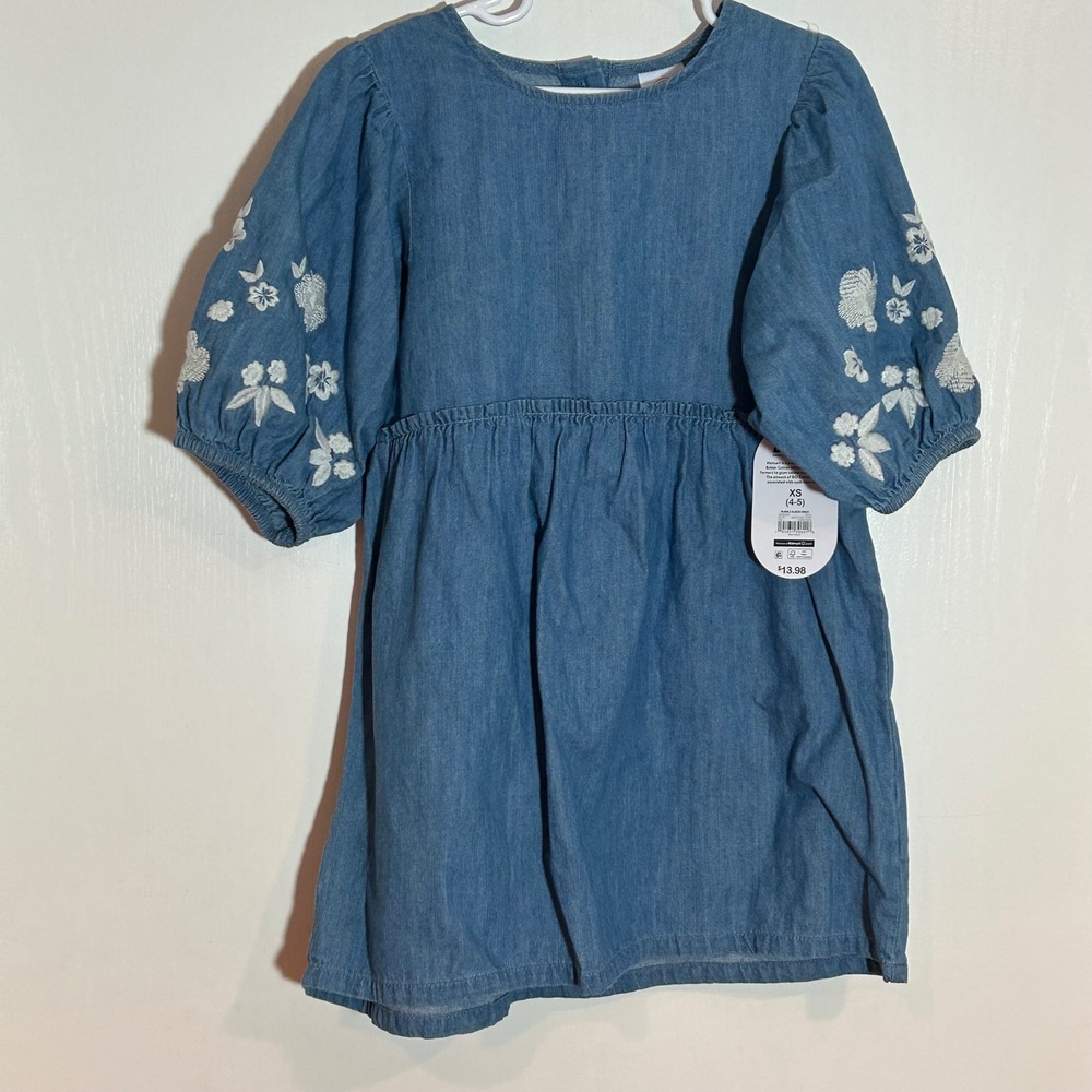 NWT Wonder Nation Girls XS 4-5 Blue Chambray Embroidered Bubble Sleeve Dress
